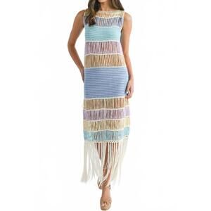 NEW MABLE fringed crochet knit dress in perwinkle multi
